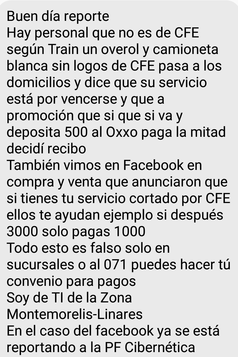 ALERTAN POR FALSOS EMPLEADOS DE CFE QUE ESTAN TIMANDO A USUARIOS