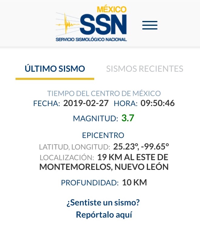 EL MOVIMIENTO SÍSMICOS FUE DE 3.7 LO MARCA EL SSN.