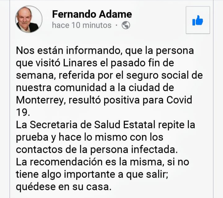 CONFIRMA ALCALDE DE LINARES CASO COVID-19 POSITIVO EN MUNICIPIO