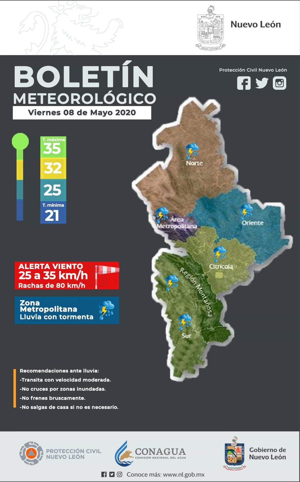 INFORMA PROTECCION CIVIL DEL ESTADO QUE CON LA LLEGADA DEL SISTEMA FRONTAL DE UN FRENTE FRIO, LLUVIAS, FUERTES VIENTOS Y POSIBILIDAD DE CAIDA DE GRANIZO.