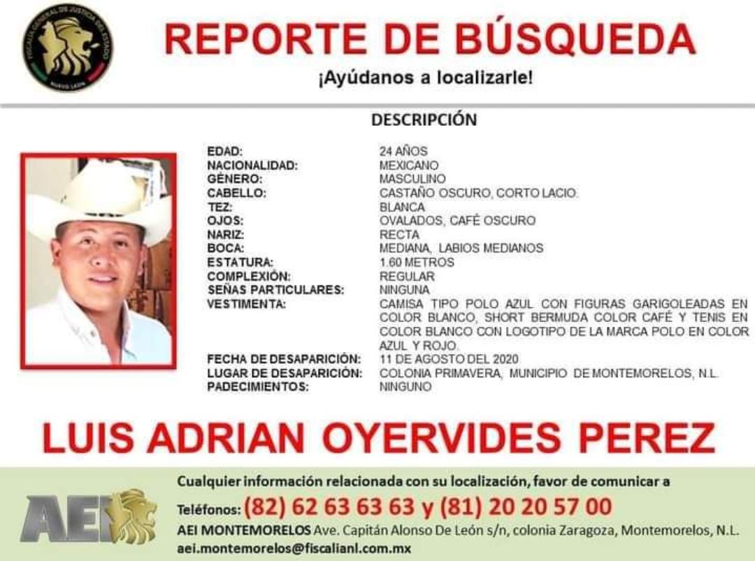 REPORTAN PERSONA DESAPARECIDA EN MONTEMORELOS.