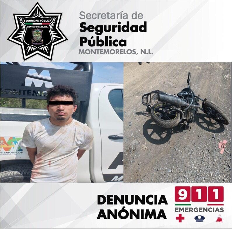 LO DETIENE LA POLICÍA DE MONTEMORELOS POR CONDUCIR MOTOCICLETA QUE FUE ROBADA CON VIOLENCIA.