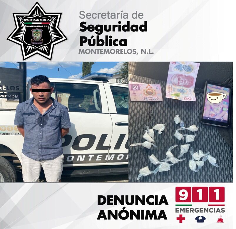 LO DETIENEN CON 19 DOSIS DE CRISTAL POLICÍA DE MONTEMORELOS.