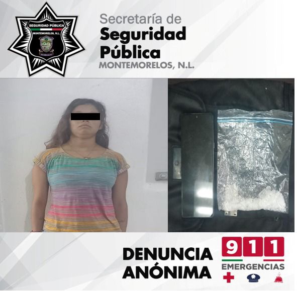 POLICÍAS DE MONTEMORELOS DETIENEN A MUJER A QUIEN LE ENCUENTRAN DROGA, ES CONSIGNADA.